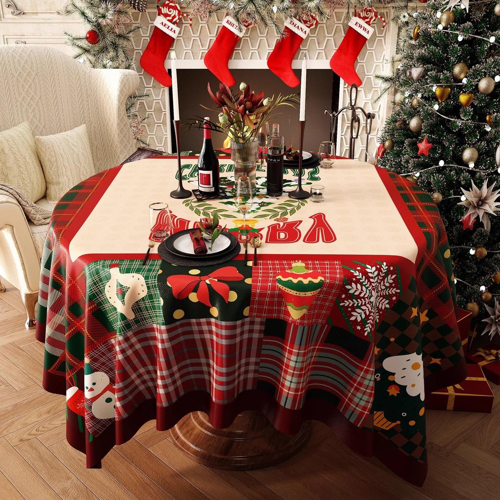 Christmas New Year Decor Round Tablecloth Waterproof Heat Resistant Washable Table Cover