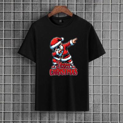 Fun and Handsome Santa Print Men's High Street Front Shoulder Round Neck Loose Short-sleeved T-shirt