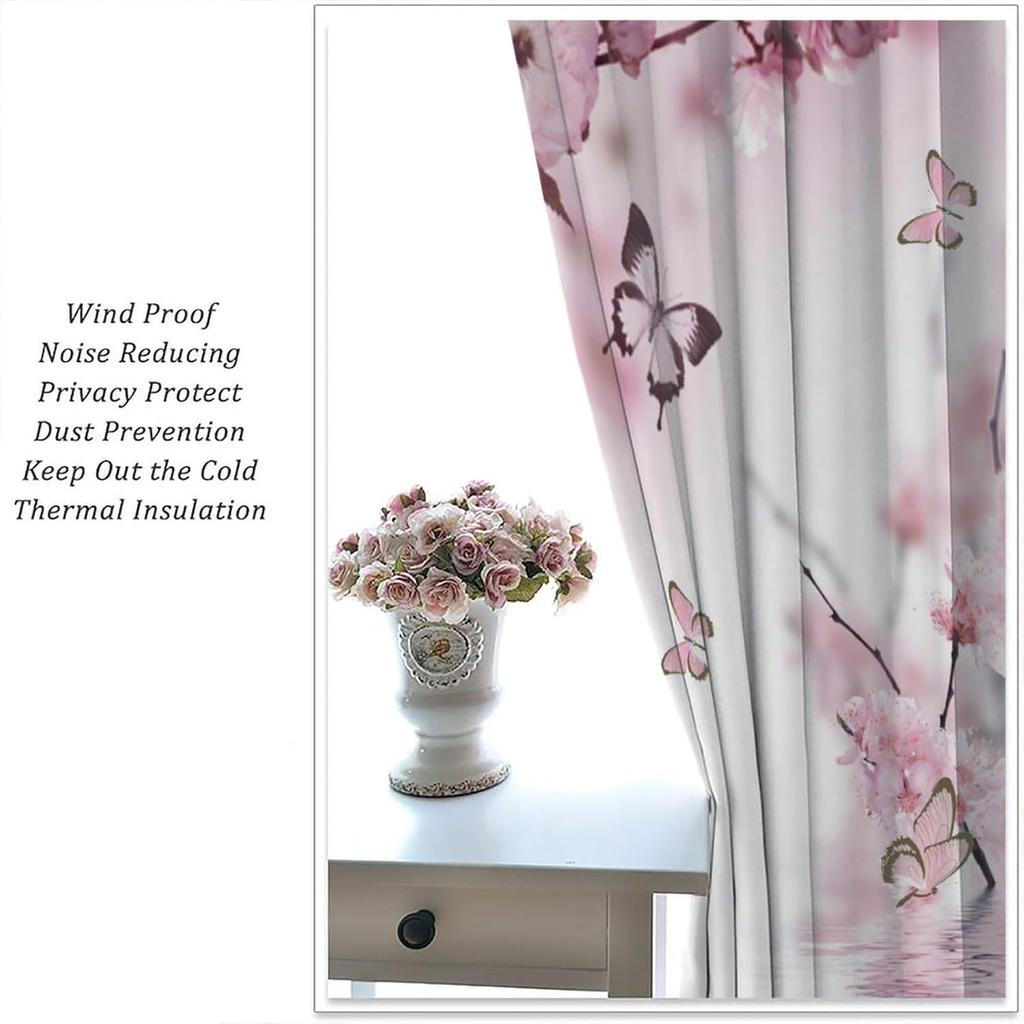Pink Tropical Cherry Blossom Curtains Beautiful Summer Jungle Orchids Hibiscus Butterfly Window Drapes Darke Curtain With Rod Pocket Polyester