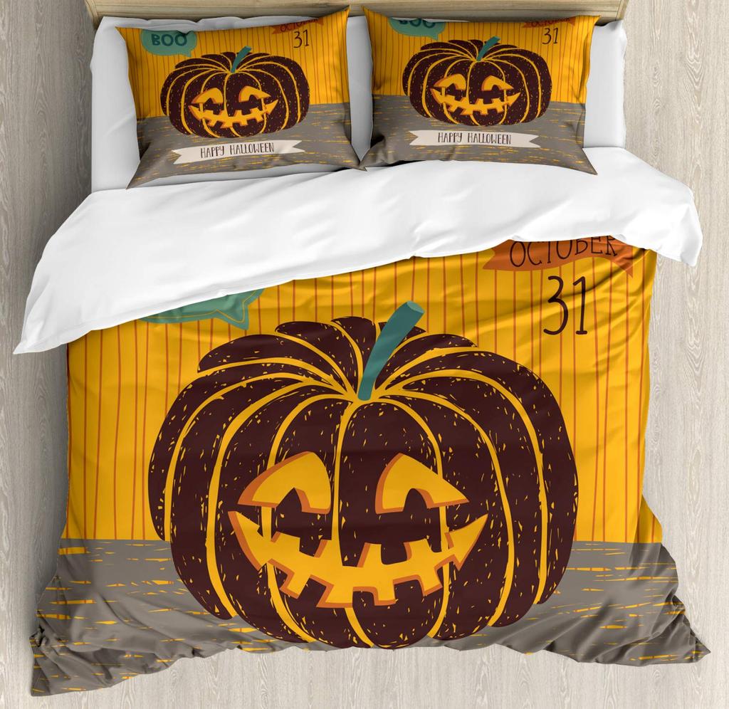 Halloween Duvet Cover Set, Spooky Carved Halloween Pumpkin Lantern Bat Bedding Set Single Twin Full Queen King Comforter Cover