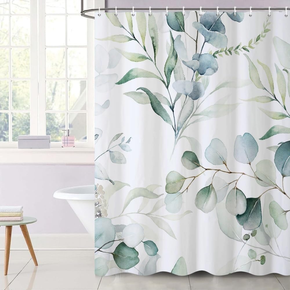 Green Plant Leaf Pattern Shower Curtain Waterproof Polyester Fabric Bathroom Decorative Shower Curtain 12 Hooks