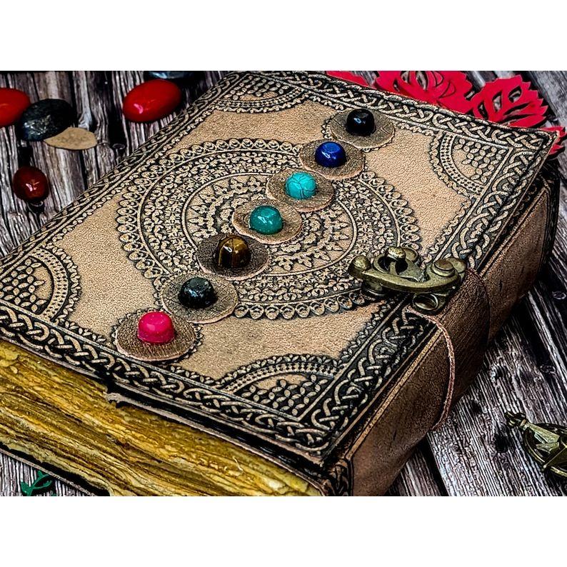 Blank Spell Book of Shadows Journal with Lock Clasp Handmade Leather Seven Stone Diary Seven Chakra Prayer Pagan Book