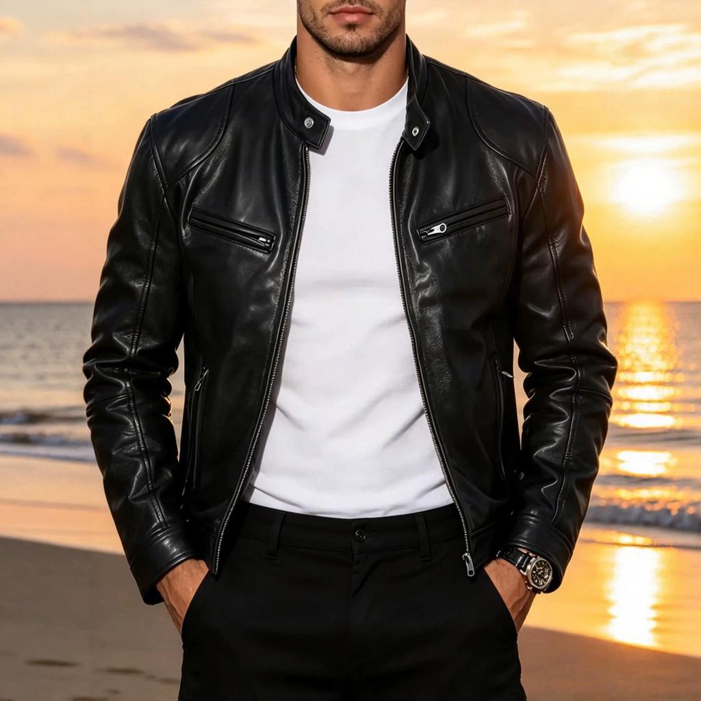 Men's slim stand-up collar PU leather jacket spring and autumn new motorcycle jacket multi-color fashion casual jacket leather jacket