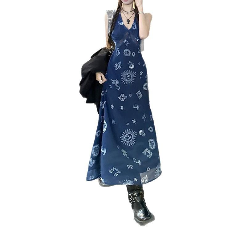Vintage V-neck Vest Dress Women's Summer New Waist and Thin Holiday Style a Word Suspender Long Dress Chic