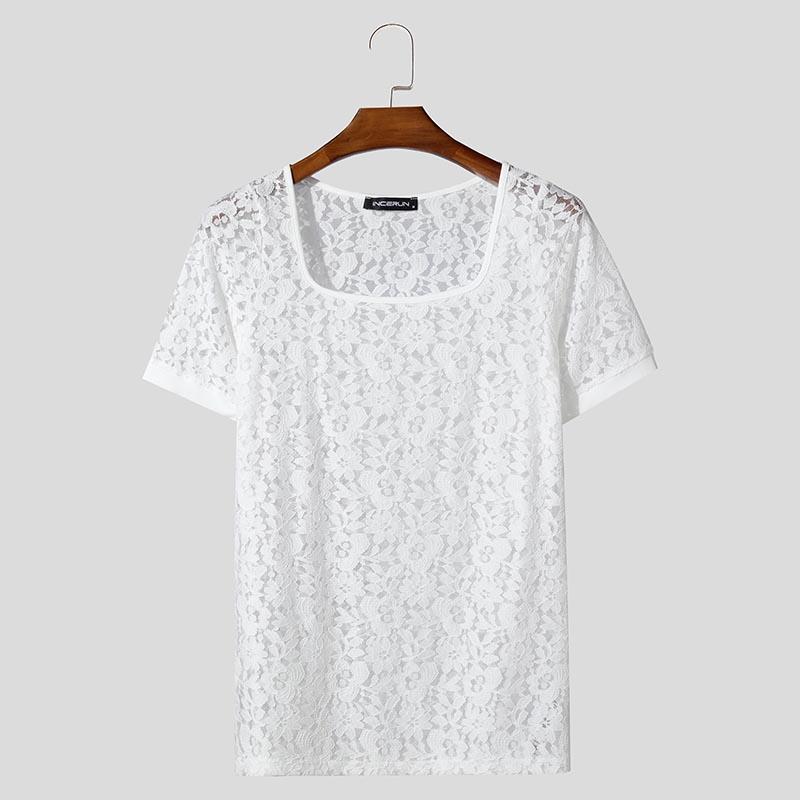 

INCERUN Летние мужские футболки с квадратным воротником, коротким рукавом, кружевным цветочным узором, для вечеринок, клубов, облегающие 5XL белый