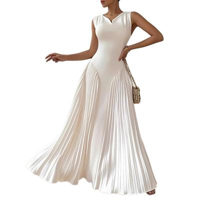 Vestido Midi Plissado Elegante Feminino Cintura Alta Linha A Longo Slim Fit Casual Vestido de Festa