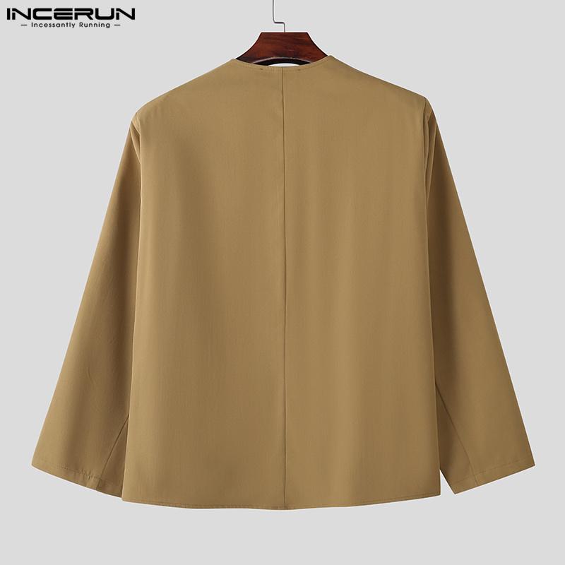 INCERUN Plus Size Men Collarless Long Sleeve Buttons Down Casual Loose Oversized Shirts