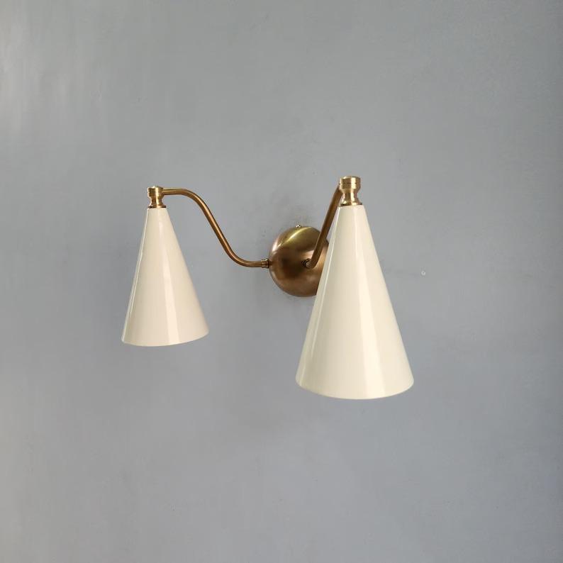 Double Cone Brass Wall Sconce: Mid-Century Modern Light with Ivory Shades