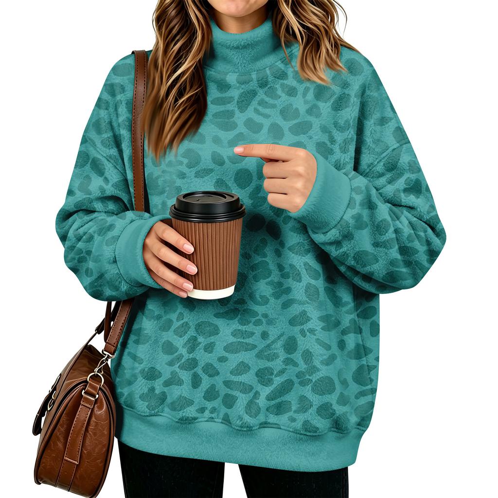 Women's Casual Long Sleeve High Neck Flannel Leopard Print Sweatshirt