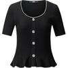 Slim Fit Round Neck Single Breasted Short Sleeve T-Shirt Women Tops Black M22E2329
