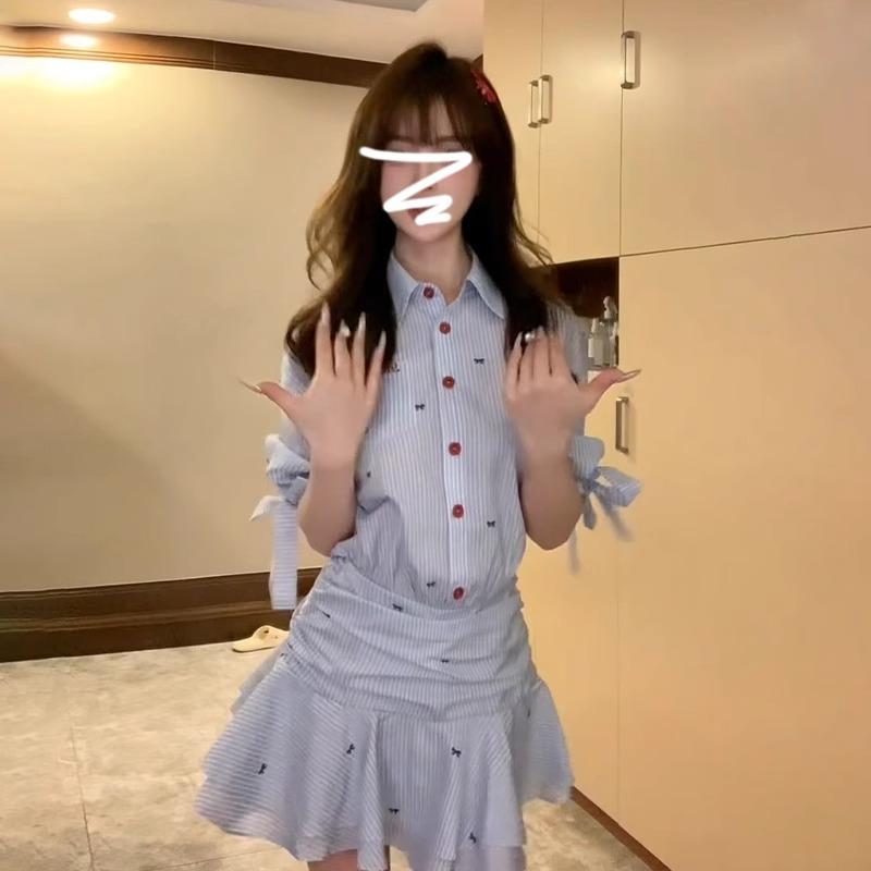 Academy Style Blue Striped Shirt Dress Children's Early Summer New French Temperament Waist Skirt