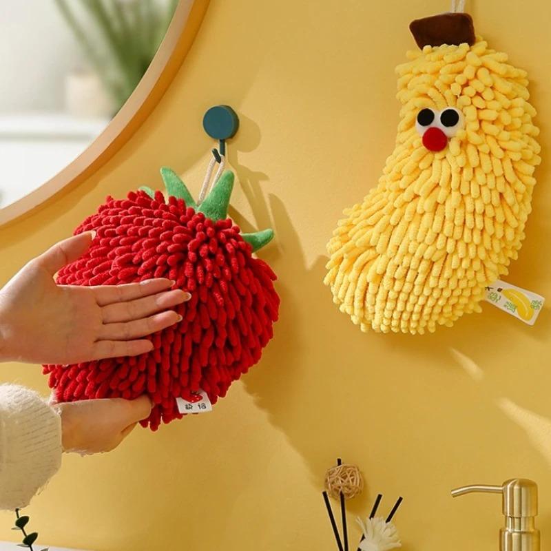 Hand Towel for Kitchen and Bathroom Banana/Strawberry Shaped Hanging Washcloth Chenilles Cloths Soft Absorbent Towel