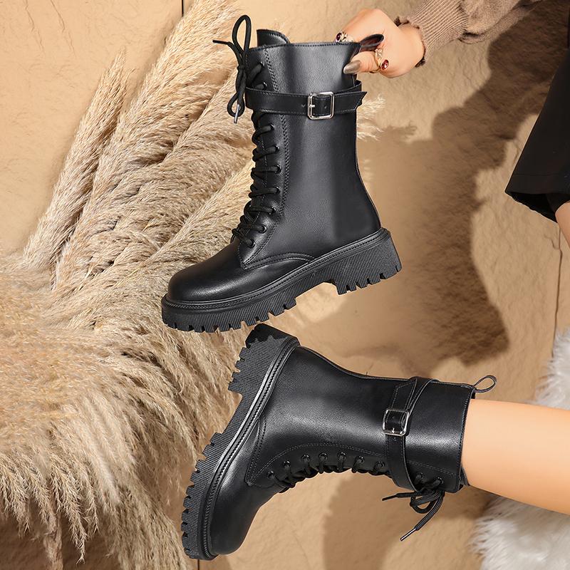 Fashion Fashion Buckle Platform Mid Calf Boots Women Lace Up Punk Motorcycle Boots Woman Autumn Winter Thick Sole Pu Leather Botas 35-42