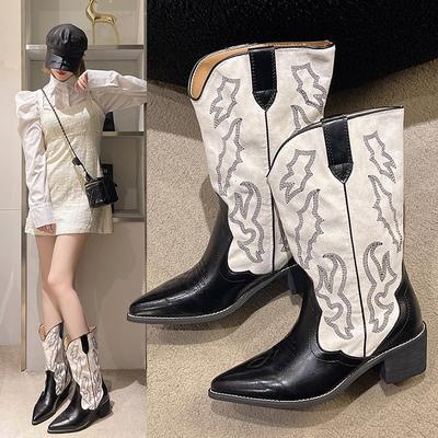 Fashion Embroidery Women Western Cowboy Boots 2025 Fashion Slip On Thick Heel Knight Long Booties Retro Style Autumn Winter Female Shoes
