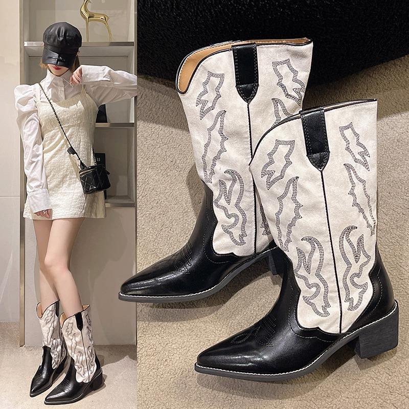 Fashion Embroidery Women Western Cowboy Boots 2025 Fashion Slip On Thick Heel Knight Long Booties Retro Style Autumn Winter Female Shoes
