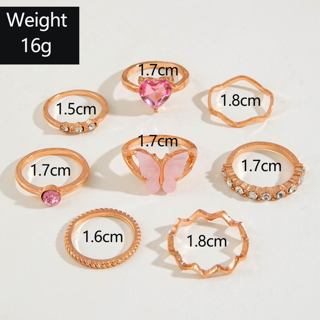 European and American New Pink Butterfly Diamond Ring Set Sweet Animal Love Cut-out Nine-piece Ring Set for Women