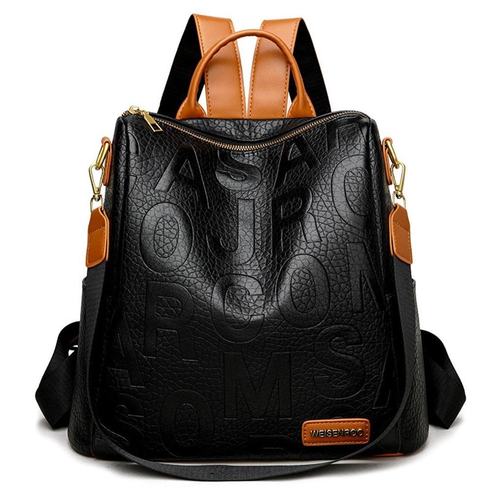 Embossed Letter Convertible Backpack For Women Color Block Casual Commuter Bag
