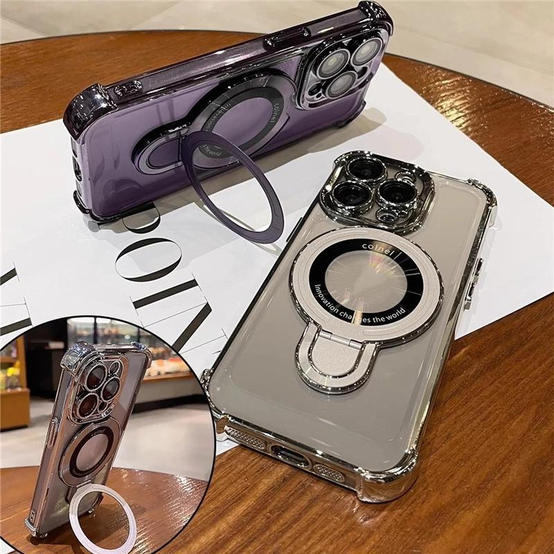 For iPhone 15 Pro Max Luxury Magsafe Magnetic Plating Frame Stand Phone Case For iPhone 11 12 13 14 15 Pro Lens Protective Cover