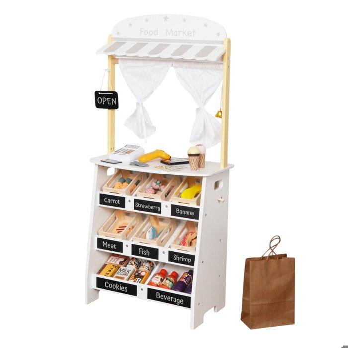 Marché et théâtre en bois - GINGER HOME - 2 en 1 (magasin & théâtre) - Caisse et scanner sonore - MDF et bois de pin