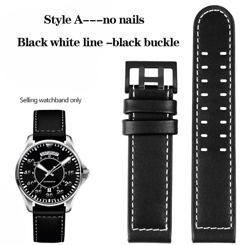 20mm 22mm Genuine Leather with Nails Watchband For Hamilton Khaki H77616533 H70615733 Series Men's Watch Band Strap Wristband