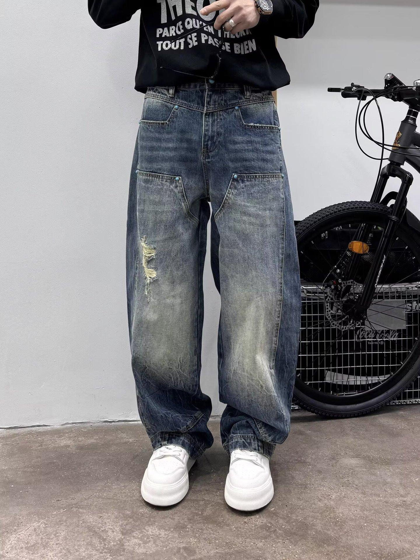 

JYL Men s Cargo Pants Cross-Border Turquoise Washed Wave Loose Wide-Leg Denim Pants 3XL