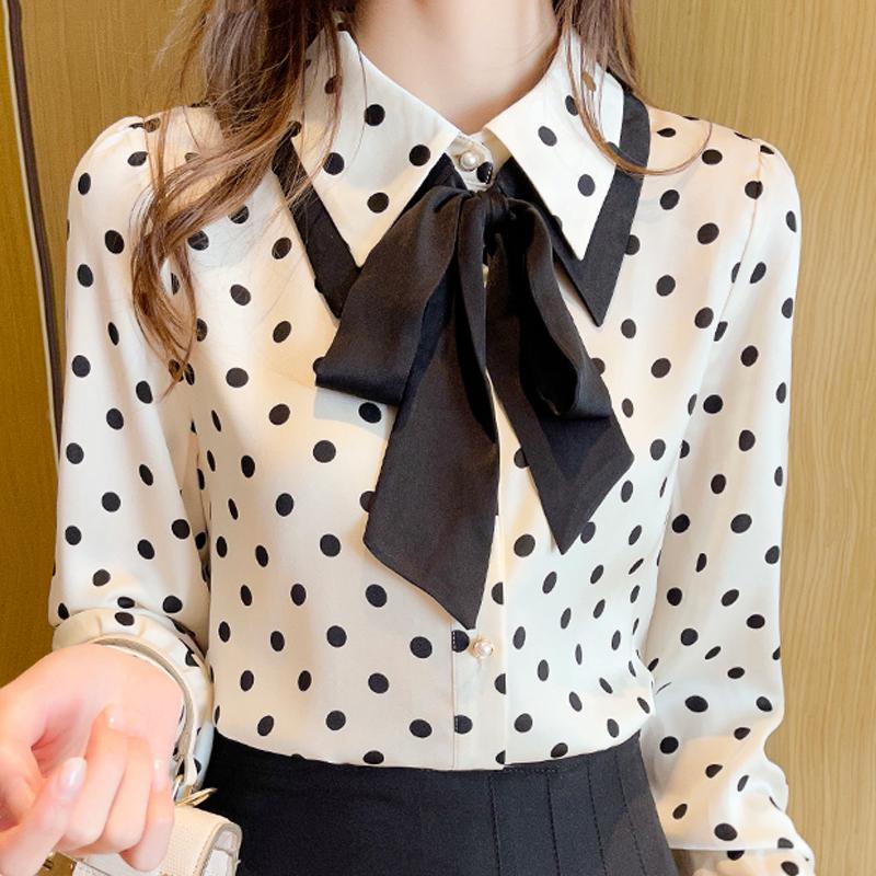 

Модная шифоновая блузка с длинным рукавом и отложным воротником в горошек, женские топы J268