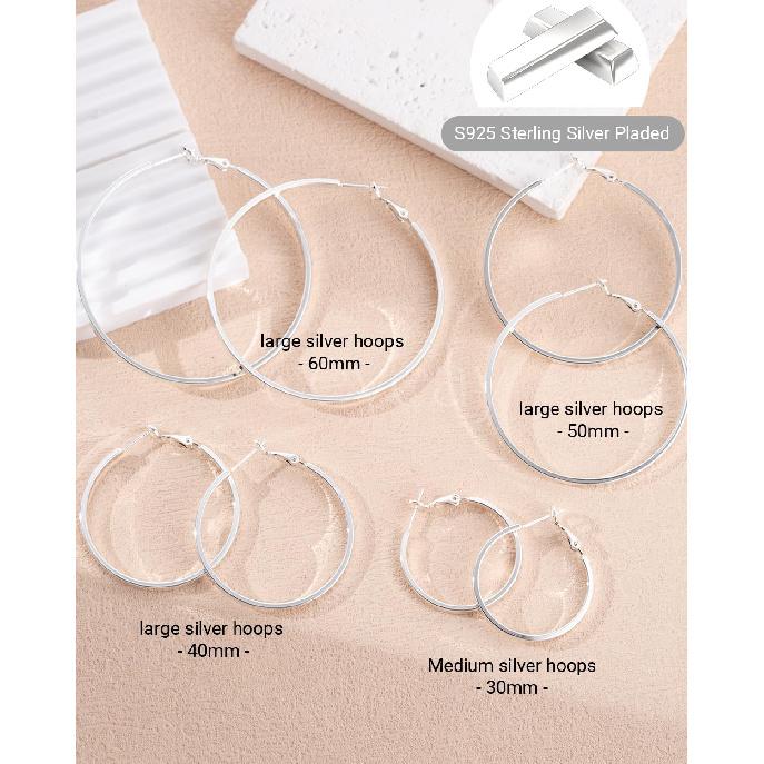 Orecchini a cerchio con perno in Argento Sterling 925 Leggeri per Donna | Orecchini a cerchio sottili grandi ipoallergenici larghi 3 mm per Donna Regalo 30/40/50/60mm