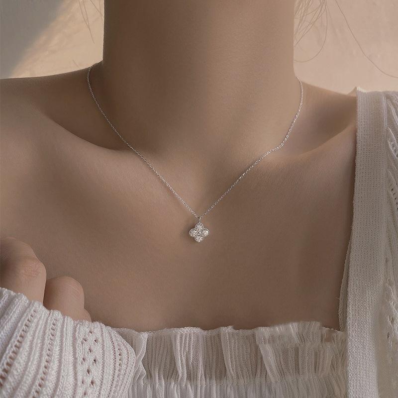 925 Silver Clover Necklace for Women , French Style , Diamond & Zircon Inlay , Elegant Daily Wear , Party Jewelry