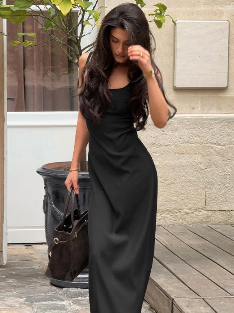 New Women's Elegant Solid Cami Maxi Dress Spaghetti Strap Bodycon Slip Dress Slim Fit Sleeveless Backless Dress for Office Brunch Daily Dates Wear