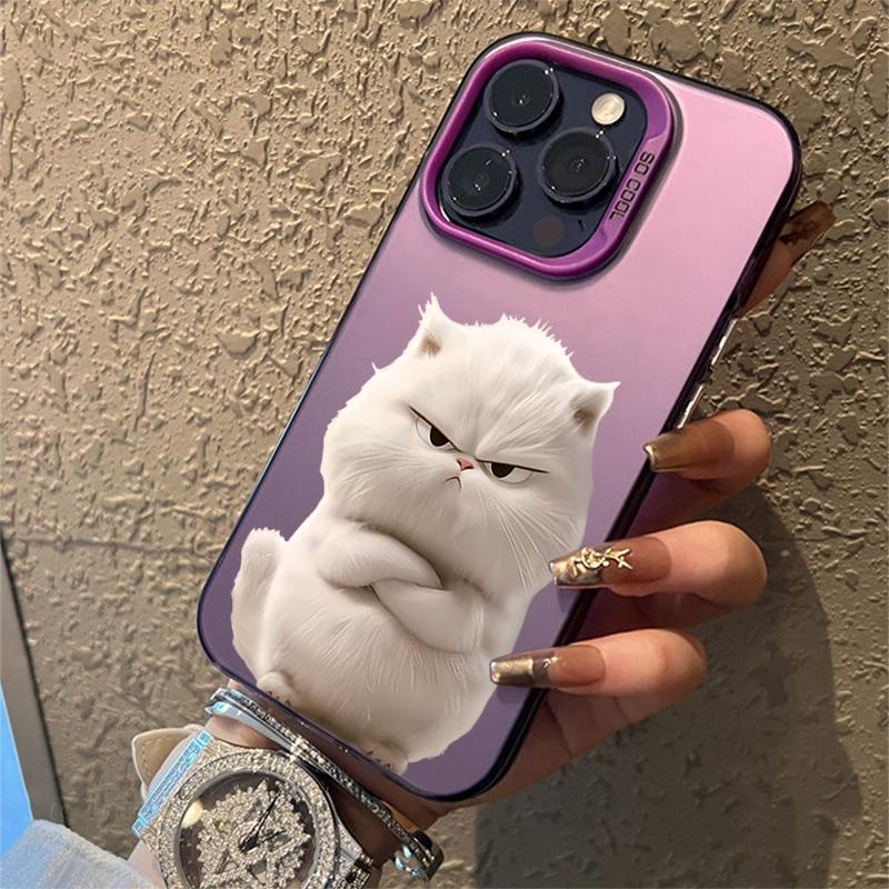 Cute White Cat Electroplate Silver IMD Phone Case For iPhone 16 Pro Max 11 12 13 14 15 7 8 Plus 16E X XS Shockproof Back Cover