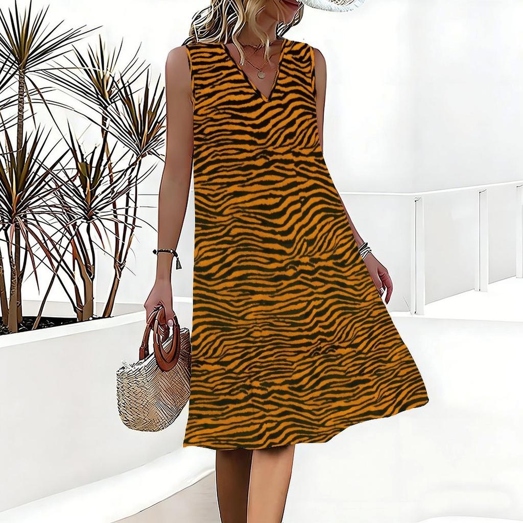 Plus Size V Neck Sleeveless Dress Abstract Bamboo Ink Print For Traditional Garden Visit