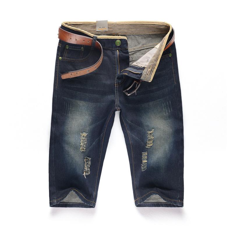 Summer Men's Personalized Washable Perforated Denim Pants Large Casual Middle Pants Straight Leg Slim Fit with Ripped Holes Shorts
