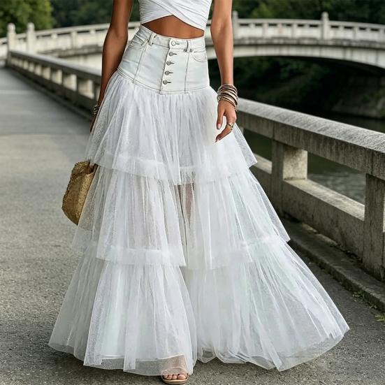 Women Skirt, High Waist Mesh Splicing Skirt, Soft Breathable Patchwork Hip Covering Versatile Maxi Skirt for Party Beach Wedding Night Out