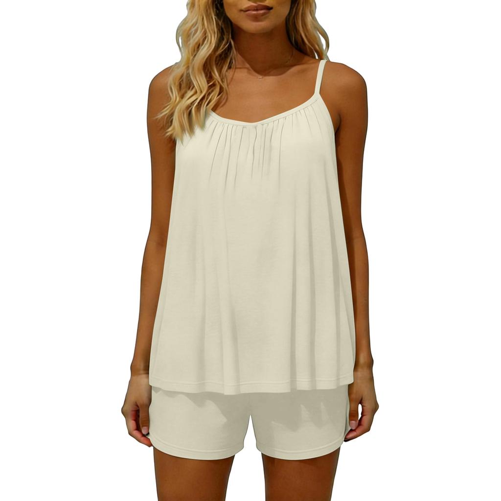 Women's Color Loose Fitting Backless Sleeveless Pullover Top And Elastic Waist, Pocketless Shorts Set.