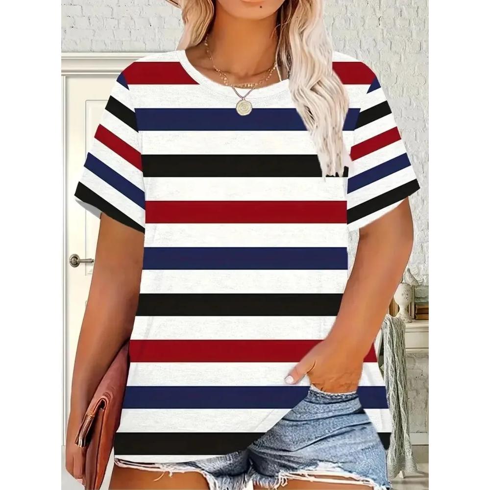 Fashion Women's Striped Printed Top Casual Loose Short Sleeves Comfortable Breathable T-Shirts Women’s