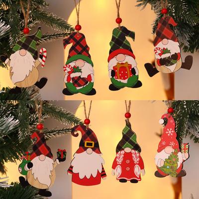 Christmas Decorations Painted Wooden Pendant, Christmas Tree Faceless Old Man Rudolph Pattern Pendant
