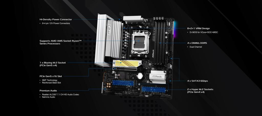 ASRock Motherboard B850M Pro RS WiFi AMD Ryzen 9000 8000 7000 Series CPU Compatible DDR5 Micro ATX Motherboard Authorized Distributor / / (Soket AM5)