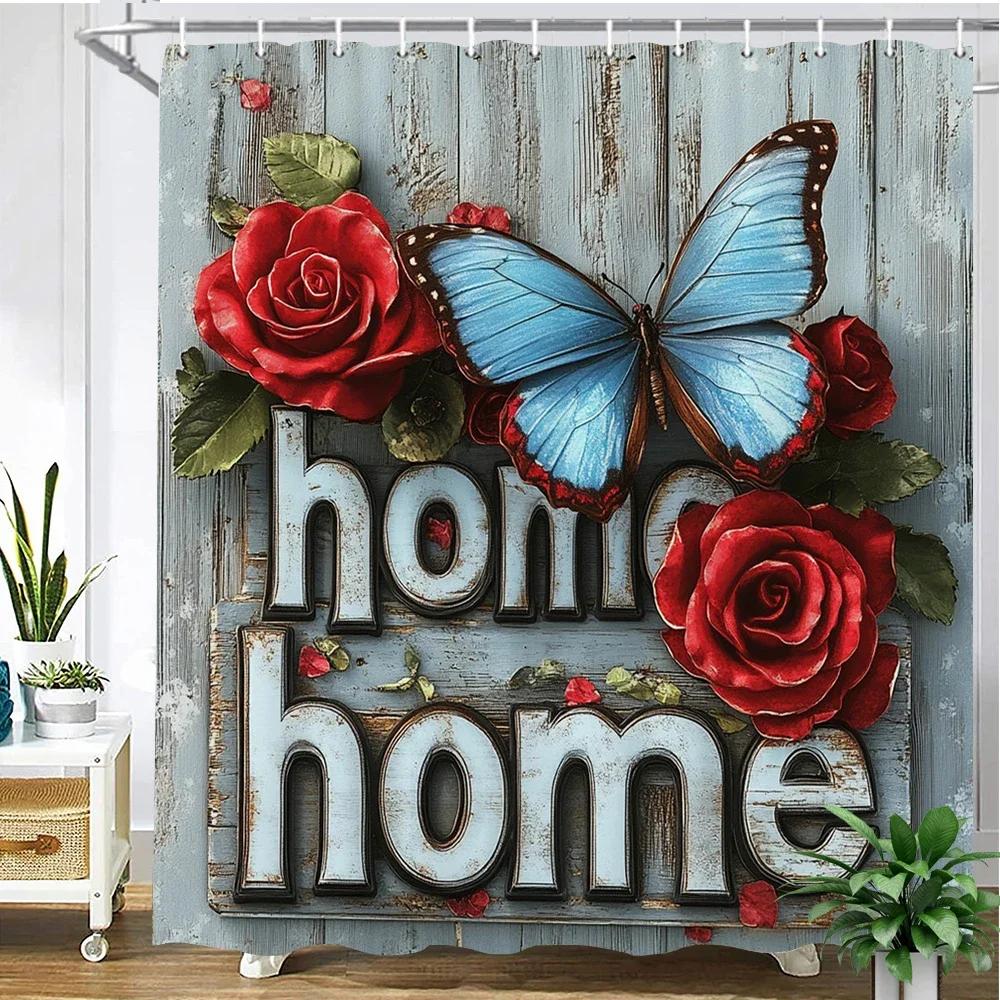 

Beautiful Blue Rose Flowers Butterfly Pattern Printed Fabric Shower Curtain Bathroom Curtain,Home Decoration Curtain With Hooks W60H190(CM)-1 Pcs