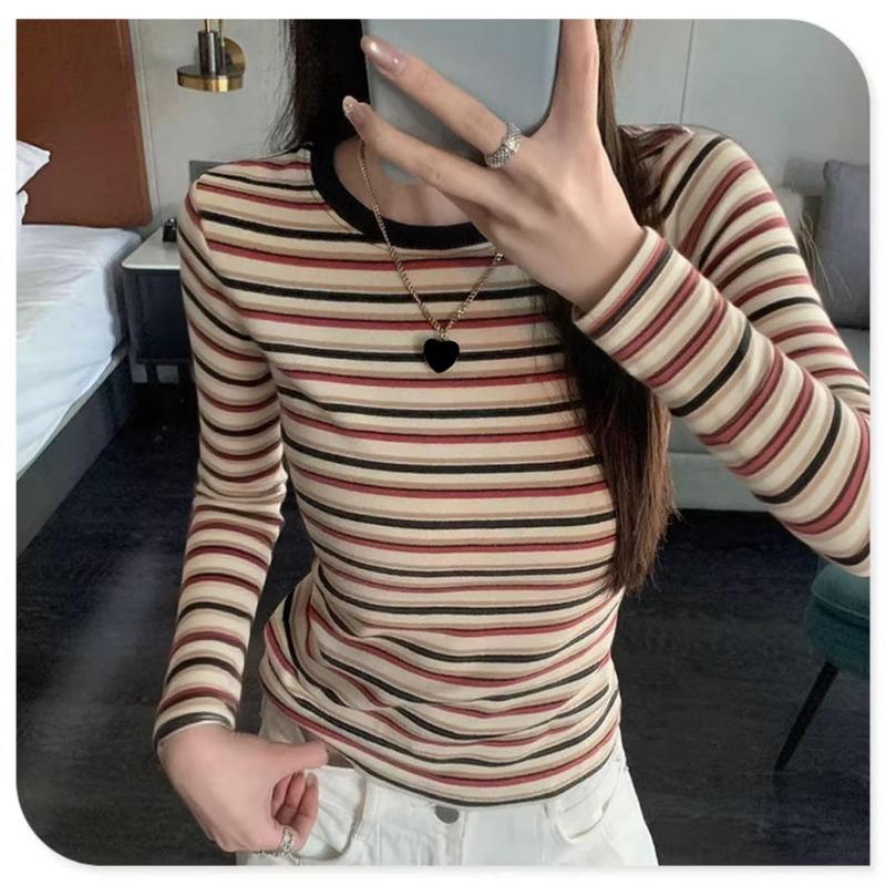 Autumn Winter Round Neck Vintage Striped Printing T-shirt Women Long Sleeve All-match Slim Pullover Tee Top