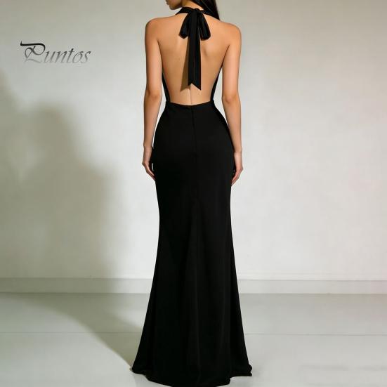 Beach Dress Women Sexy Backless Maxi Dress, Deep V Neck Sleeveless Lightweight Summer Halter Satin Long Formal Evening Party Mermaid Gown Elegant