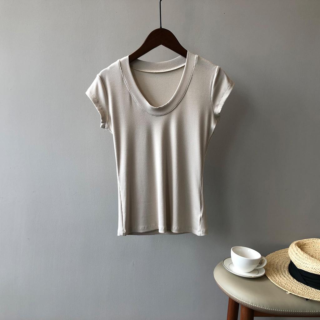 Solid Colour T-shirt Women 2024 Summer Simple U Neck Slim Stretch Body Shirt Tops