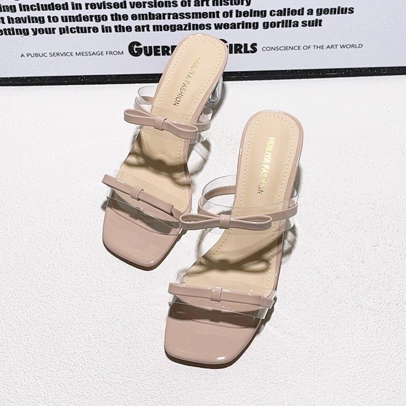 2025 Spring Sweet Pink New Bow Open-toed Cool Slippers Fashionable Transparent Crystal High-heeled Half Slippers Women