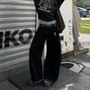 Dam Y2K-stil Baggy Jeans Hög Midja Leopardmönstrad Midjeband Vida Ben Svarta Jeansbyxor