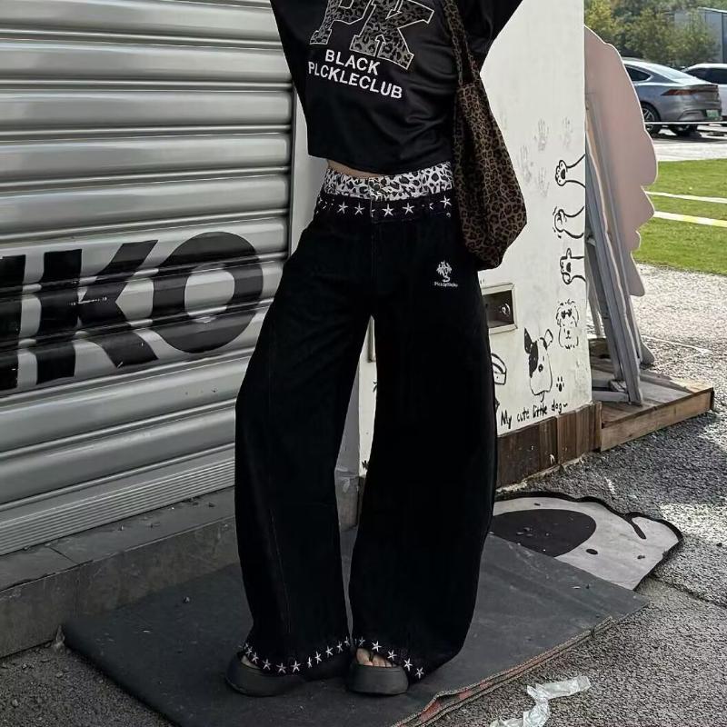 Dam Y2K-stil Baggy Jeans Hög Midja Leopardmönstrad Midjeband Vida Ben Svarta Jeansbyxor