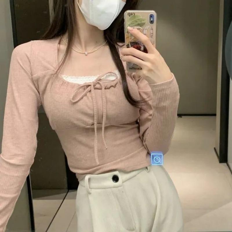 Träger Reines Slim Fit Süß und Würzig Herbst Innenpaar Quadratischer Ausschnitt Kurzarm T-Shirt Top für Damen Schlank und Vielseitig Basisshirt