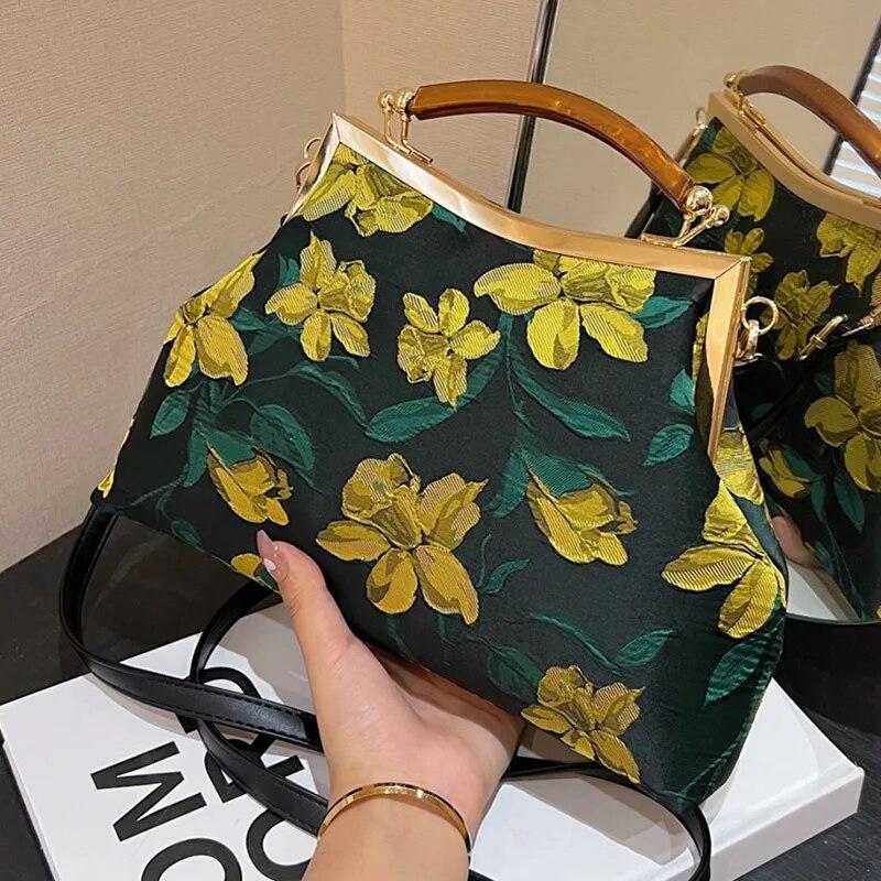 

Винтажные дизайнерские женские сумки на ремне с цепочкой, клатчи через плечо, свадебный замок, дизайнерские сумки с фиолетовым желтым цветком жёлтый