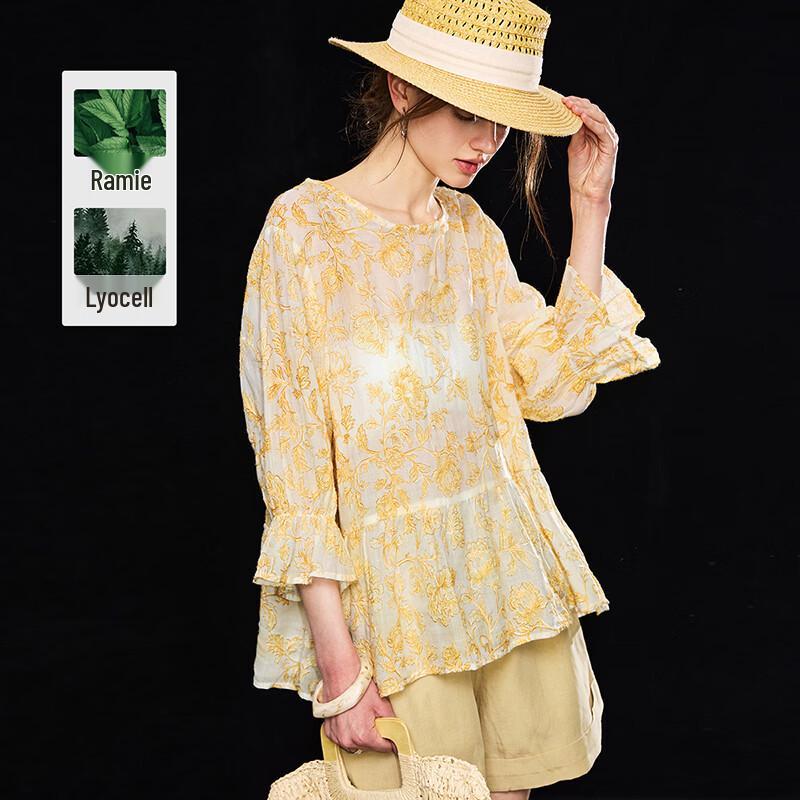 Wudao French Style Ramie Tencel Floral Puff Sleeve Shirt L