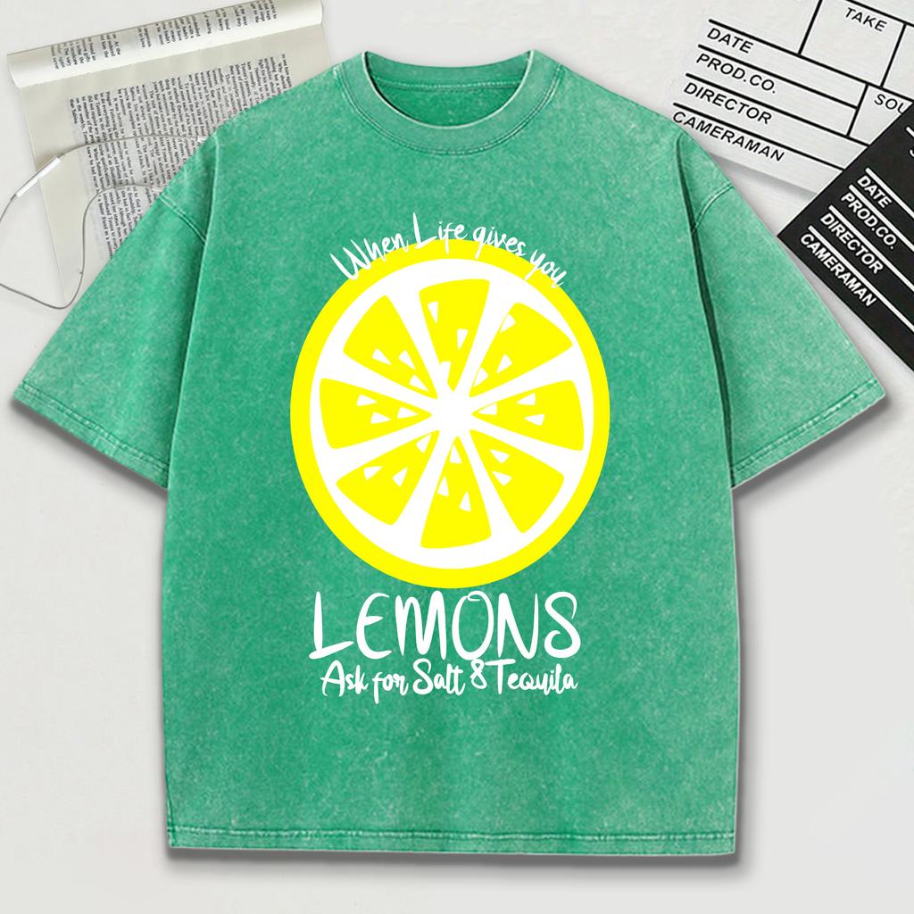 When Life Give You Lemons Pattern Washed Men T Shirt Summer Trendy Tee Shirts Soft Cotton O-Neck Short Unisex Loose Top