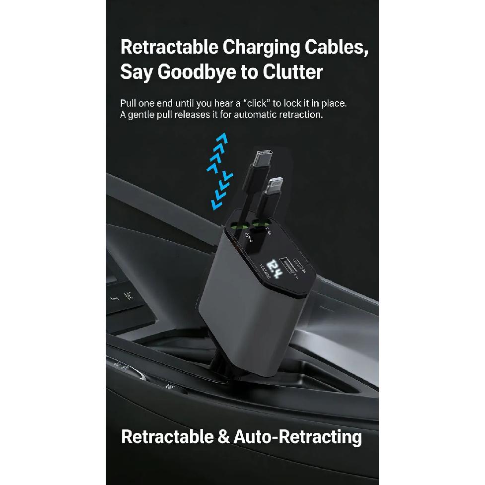 Car Charger USB Type C Adaptor 120W Fast Charge Retractable Charging Cable with Cords QC Adapter Car Charger For Iphone Android
