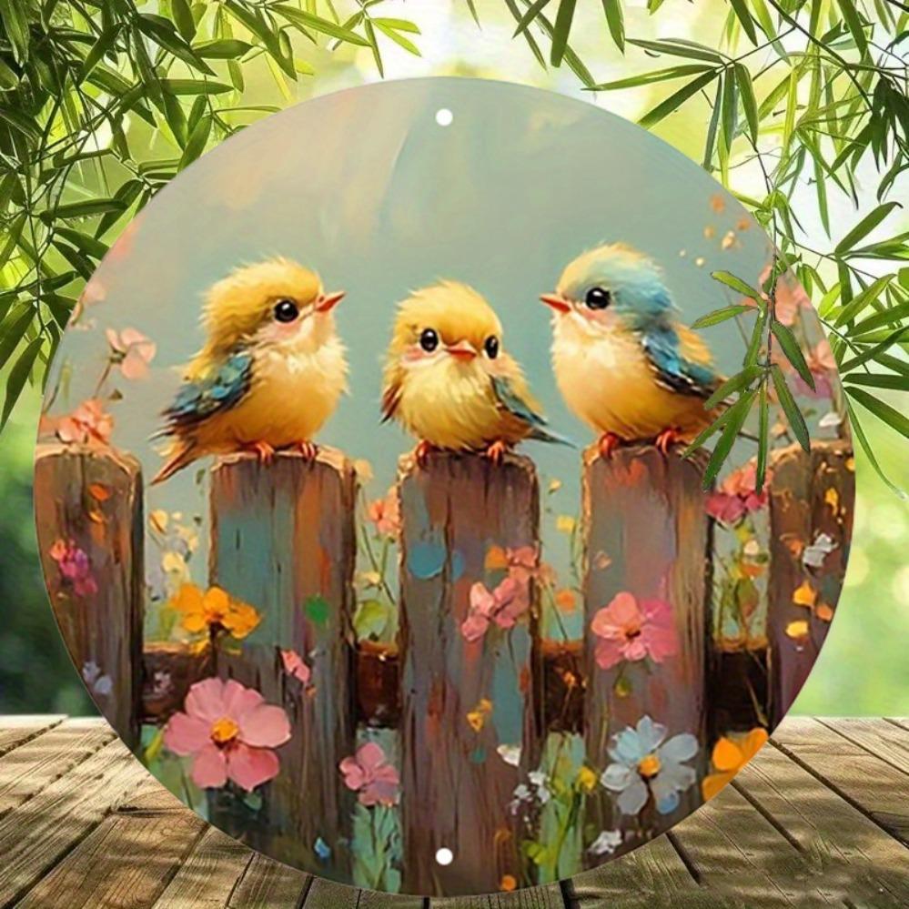 

Metal Wall Art Decor Bird Flower Round Aluminum Artwork Colorful Sparrow Garden Scene Home Garage Cafe Outdoor білий